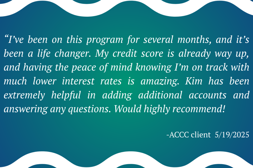 Customer review highlighting how ACCC helped lower credit card interest through a Debt Management Plan.