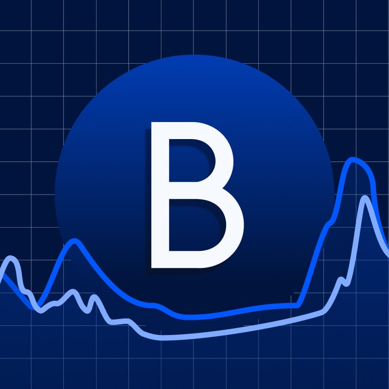 A white letter B on a dark blue circle above a line graph.