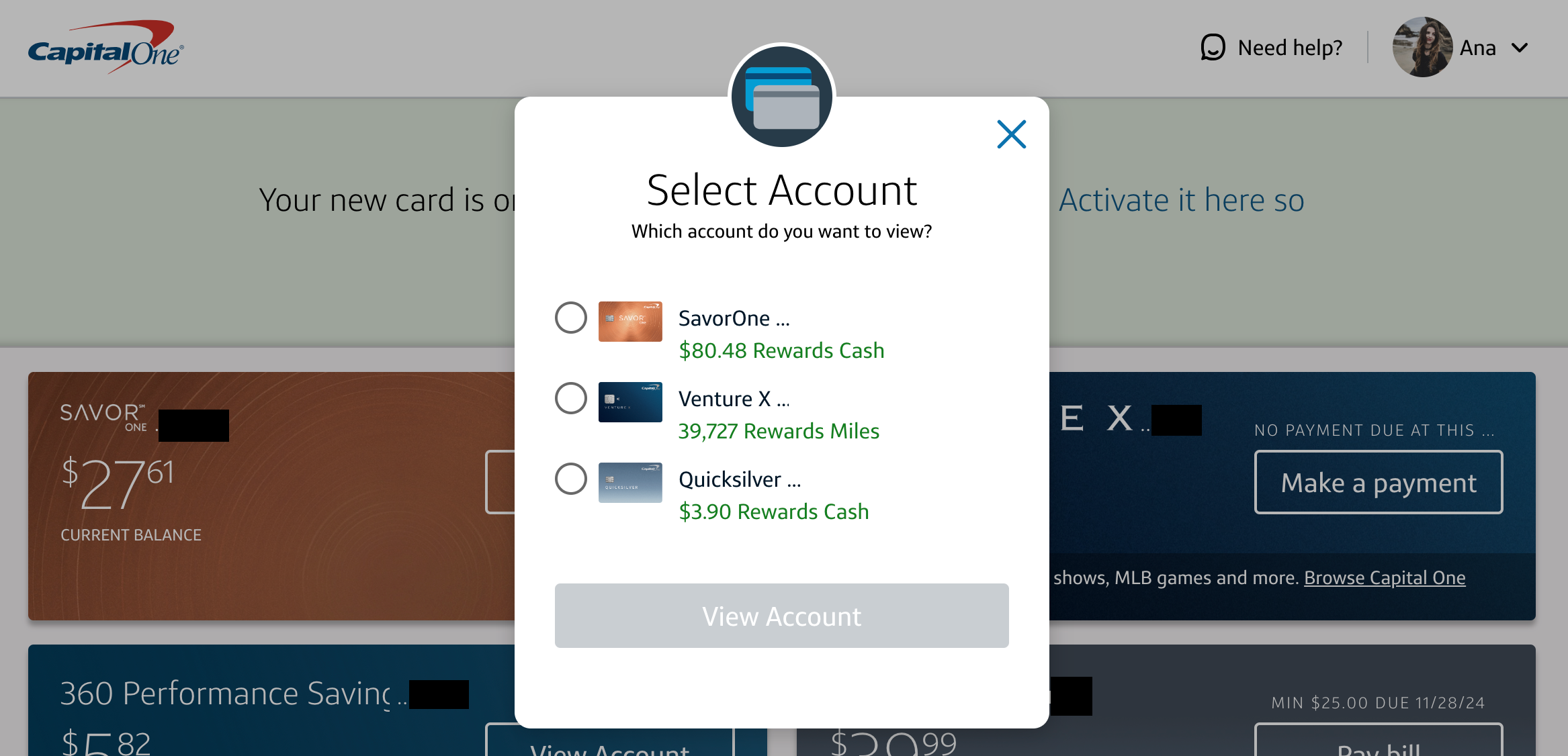 Screenshot of Capital One account selection screen