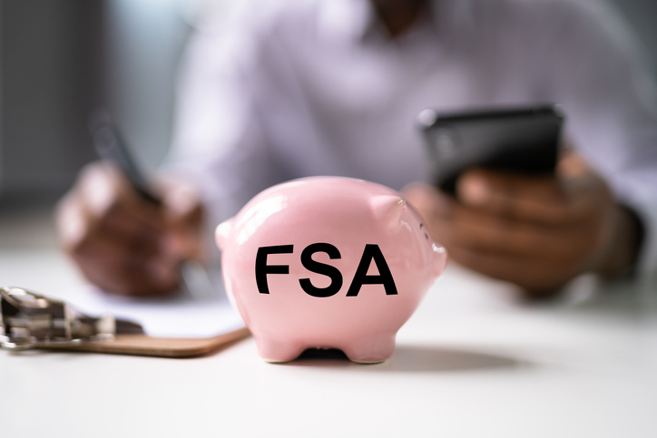 Closeup of a piggy bank with the letters "FSA" printed on the side.